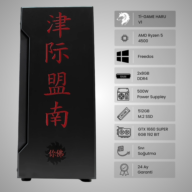 TIRANOZOR HARU V1 RYZEN 5 4500 16GB (2X8GB 3200MHZ DDR4) 512GB M.2 SSD (2000-2000MB/s) GTX 1660 SUPER 6GB 192BIT GDDR6 DOS 500W SIVI SOĞUTMA GAMING PC